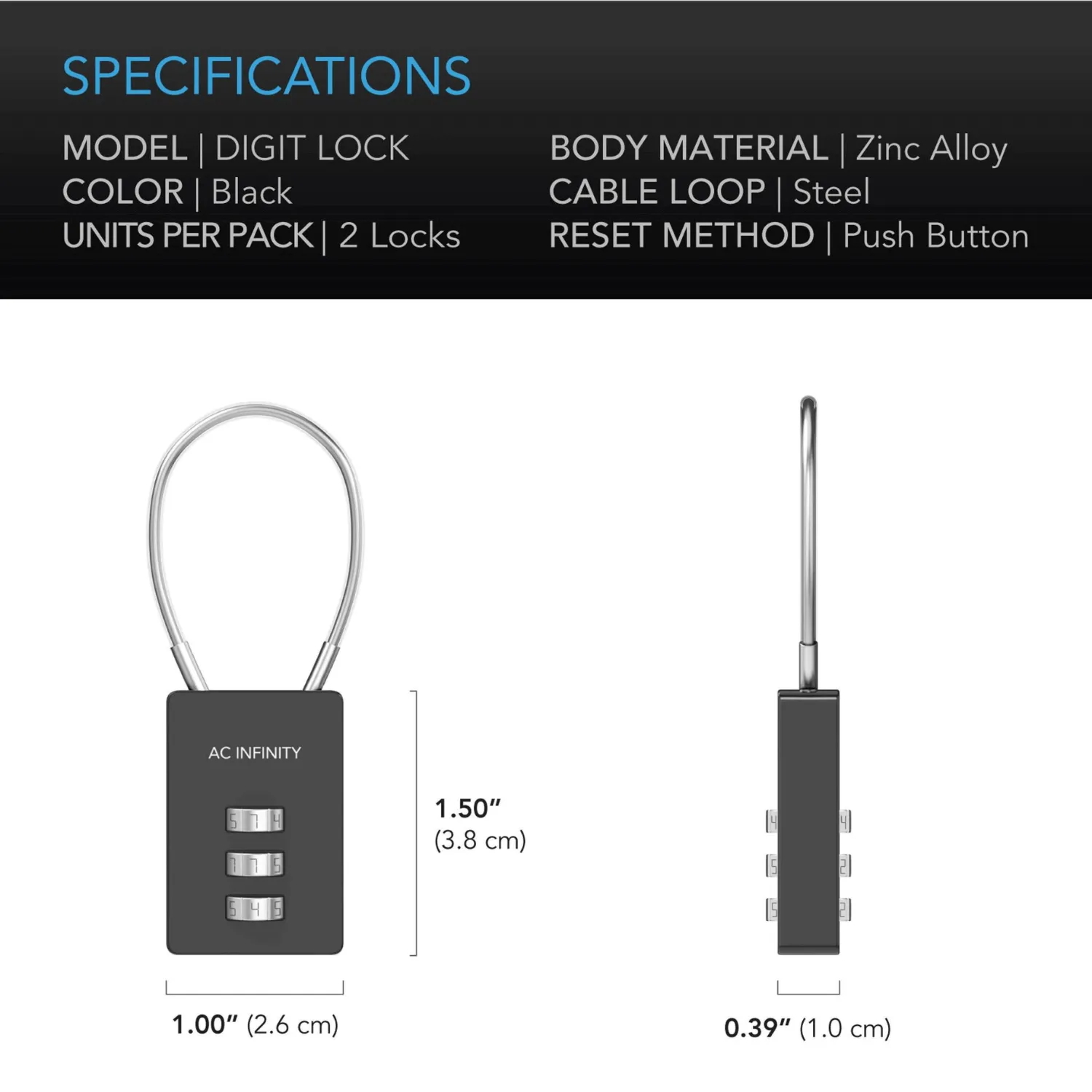 AC Infinity Combination Lock, Flexible Steel Cable Loop, 2-Pack