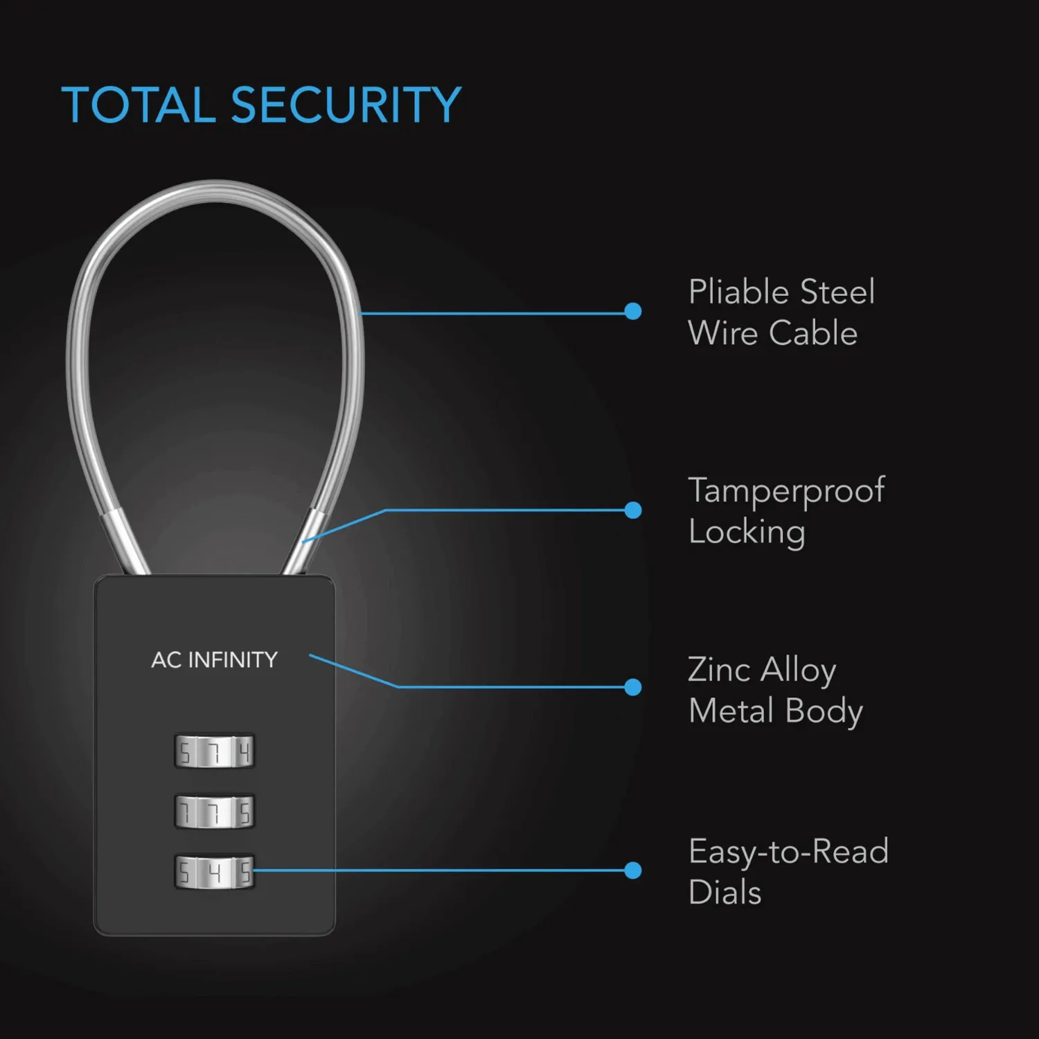 AC Infinity Combination Lock, Flexible Steel Cable Loop, 2-Pack