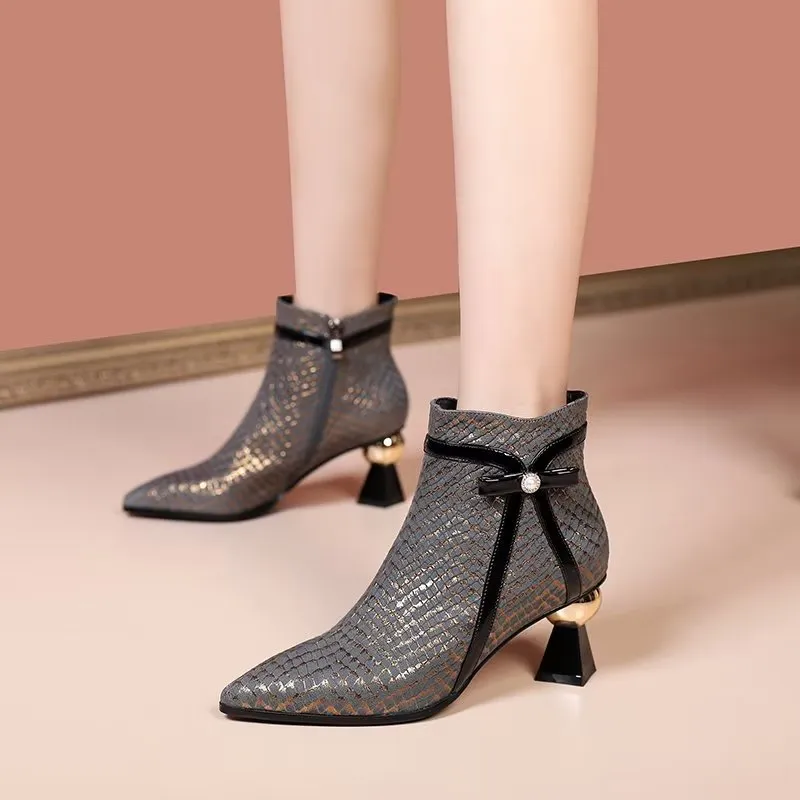 LuxeLeather Exotic-Embossed Fashionable Heeled Boots